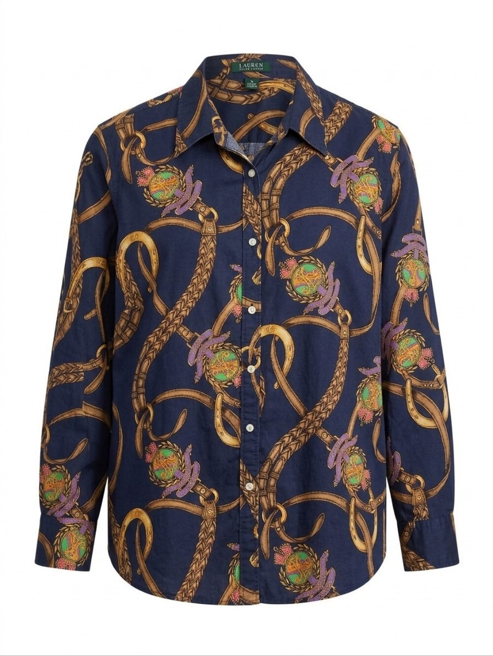 Lauren Ralph Lauren Navy Equestrian Cotton Button Down Shirt Sz 2X Old Money EUC